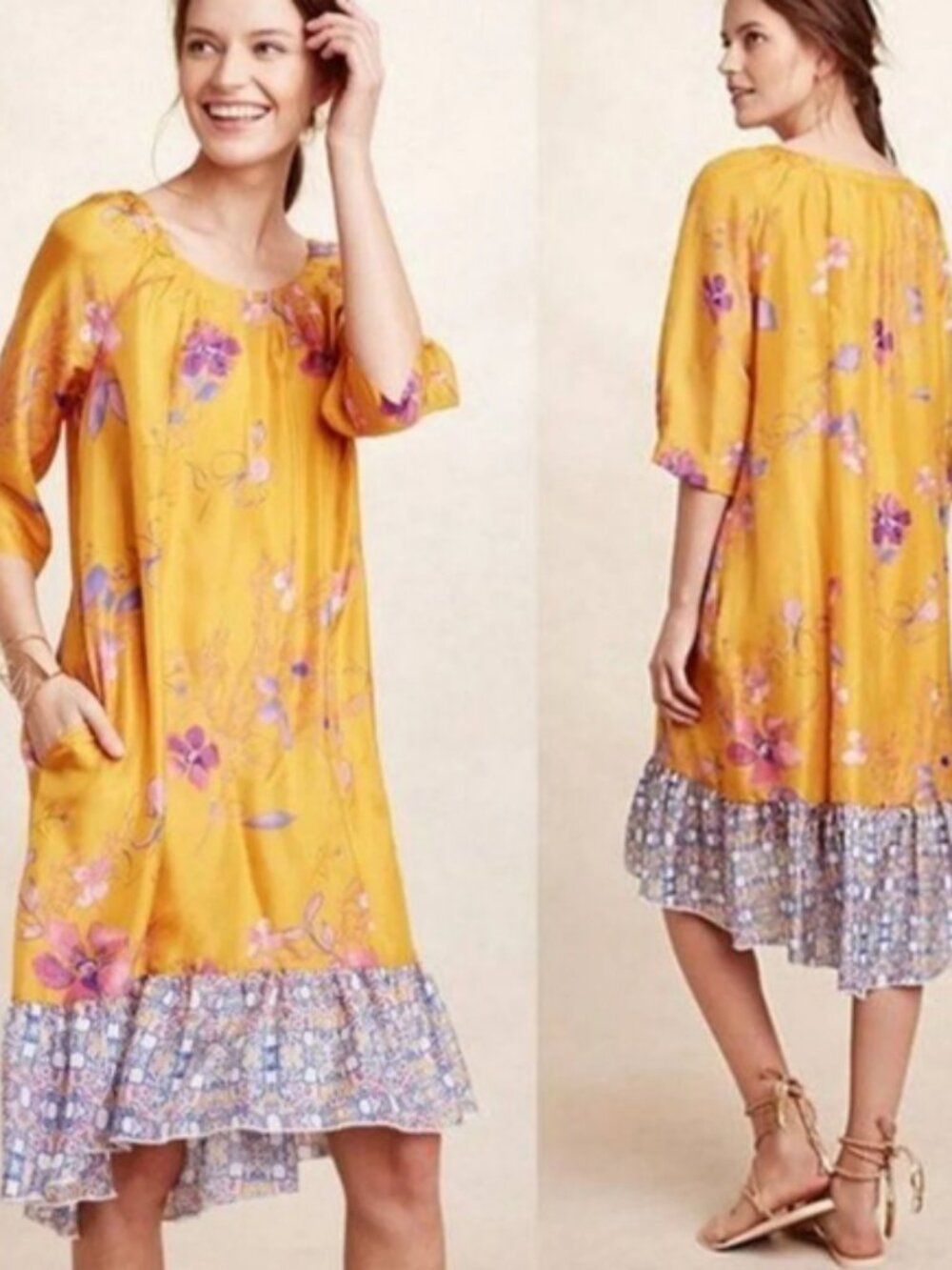 Anthropologie Vanessa Virginia Boho Floral Rainforest Silk High Low Dress XS